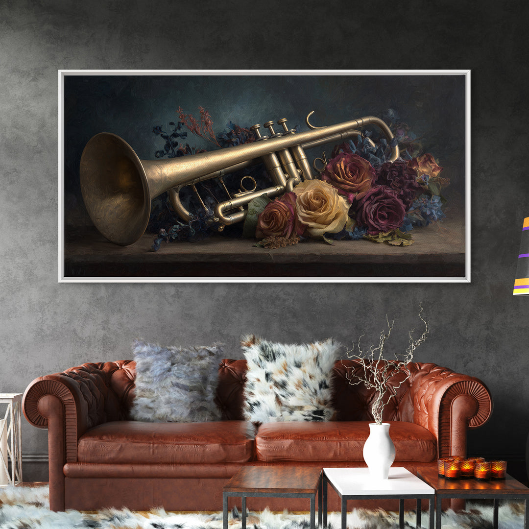 Trumpet and Roses Canvas Print, Music Studio Art, Digital Download Art, Studio Decor, Fine Art, Rhythm, Music Lover Gift, MSA-2x1-76