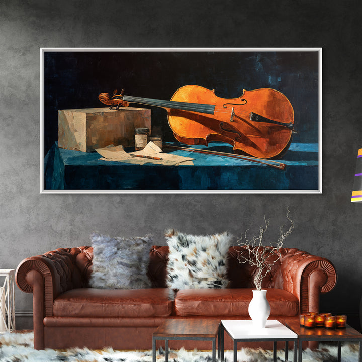 Cello Leaning Against Dark Velvet Backdrop Canvas Print, Music Studio Art, Printable Art, Studio Decor, Oil Painting, Rhythm, MSA-2x1-77