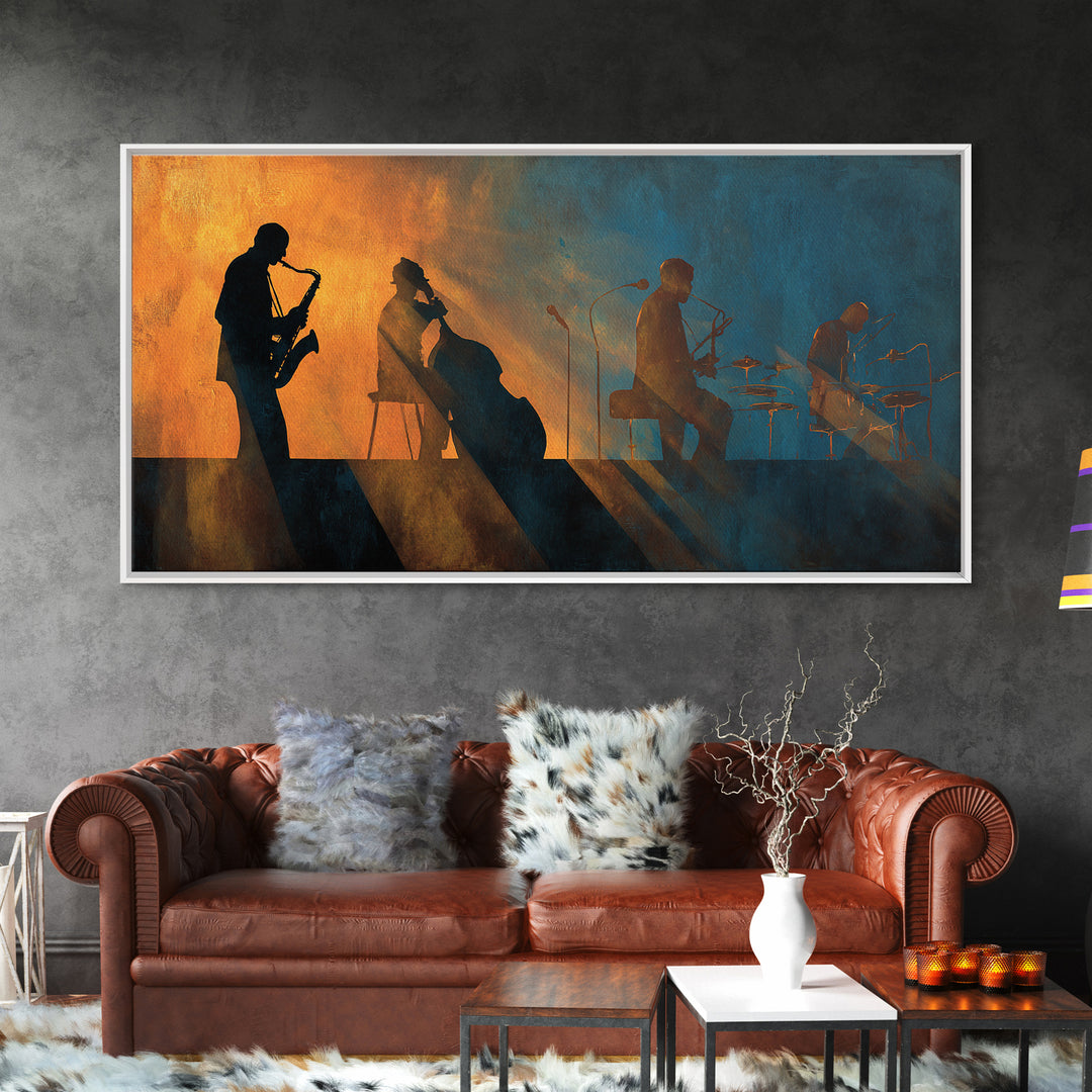 Jazz Quartet Silhouettes Framed Canvas Print, Music Studio Art, Studio Decor, Oil Painting, Rhythm, Wall Art Printable, MSA-2x1-90