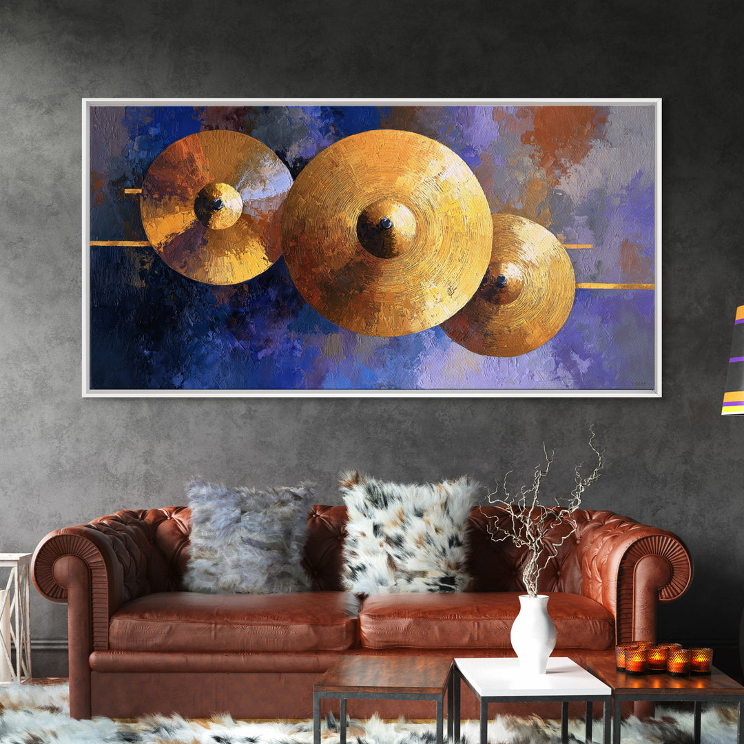 Gold Cymbal Closeup Framed Canvas Print, Music Studio Art, Music Wall Art, Studio Decor, Oil Painting, Rhythm, Teen Room Decor, MSA-2x1-92