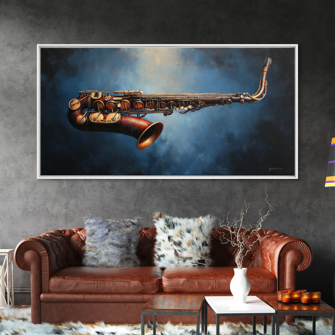 Jazz Saxophone with Smoky Blue Background Canvas Print, Music Studio Art, Music, Studio Decor, Rhythm, Digital Download Art, MSA-2x1-94