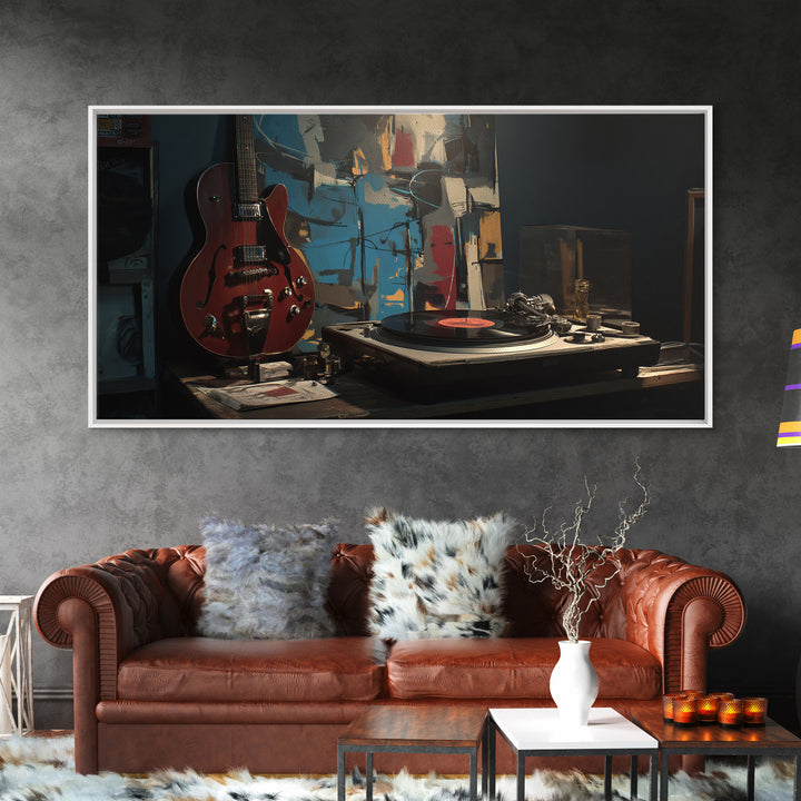 Vinyl Record and Turntable Still Life Framed Canvas Print, Music Studio Art, Gifts for Musicians, Studio Decor, Rhythm, MSA-2x1-95