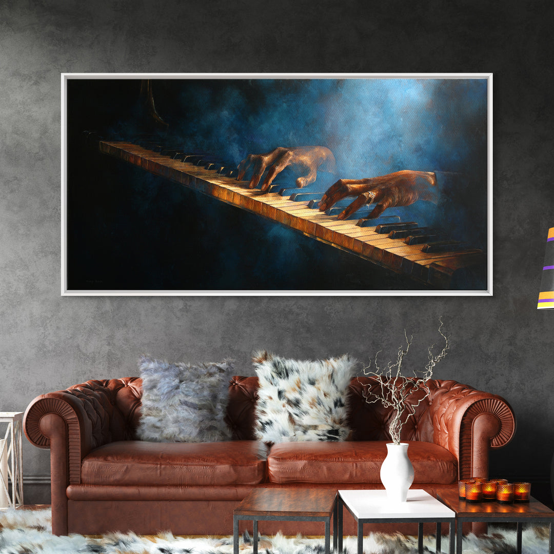 Piano Keys with Hands in Cinematic Shadow Framed Canvas Print, Music Studio Art, Trendy Wall Art, Studio Decor, Rhythm, MSA-2x1-97