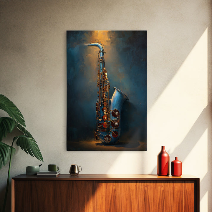 Jazz Saxophone with Smoky Blue Background Canvas Print, Music Studio Art, Luxury Decor, Studio Decor, Fine Art, Rhythm, MSA-2x3-10