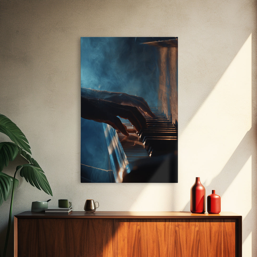 Piano Keys with Hands in Cinematic Shadow Framed Canvas Print, Music Studio Art, Music, Studio Decor, Fine Art, Rhythm, MSA-2x3-13