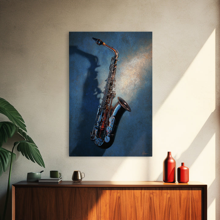 Jazz Saxophone with Smoky Blue Background Framed Canvas Print, Music Studio Art, Contemporary Art, Studio Decor, Rhythm, MSA-2x3-34