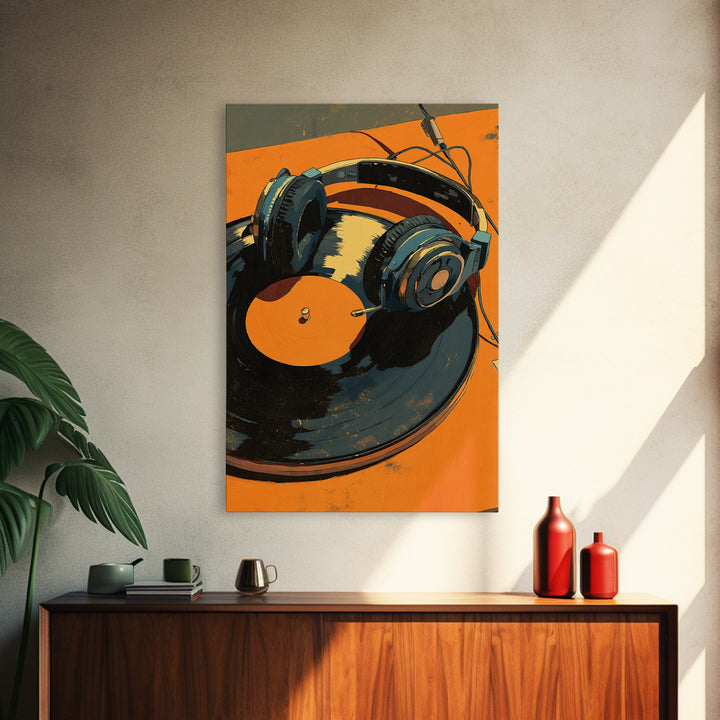 Headphones Around a Glowing Record Framed Canvas Print, Music Studio Art, Contemporary Art, Studio Decor, Fine Art, Rhythm, MSA-2x3-43