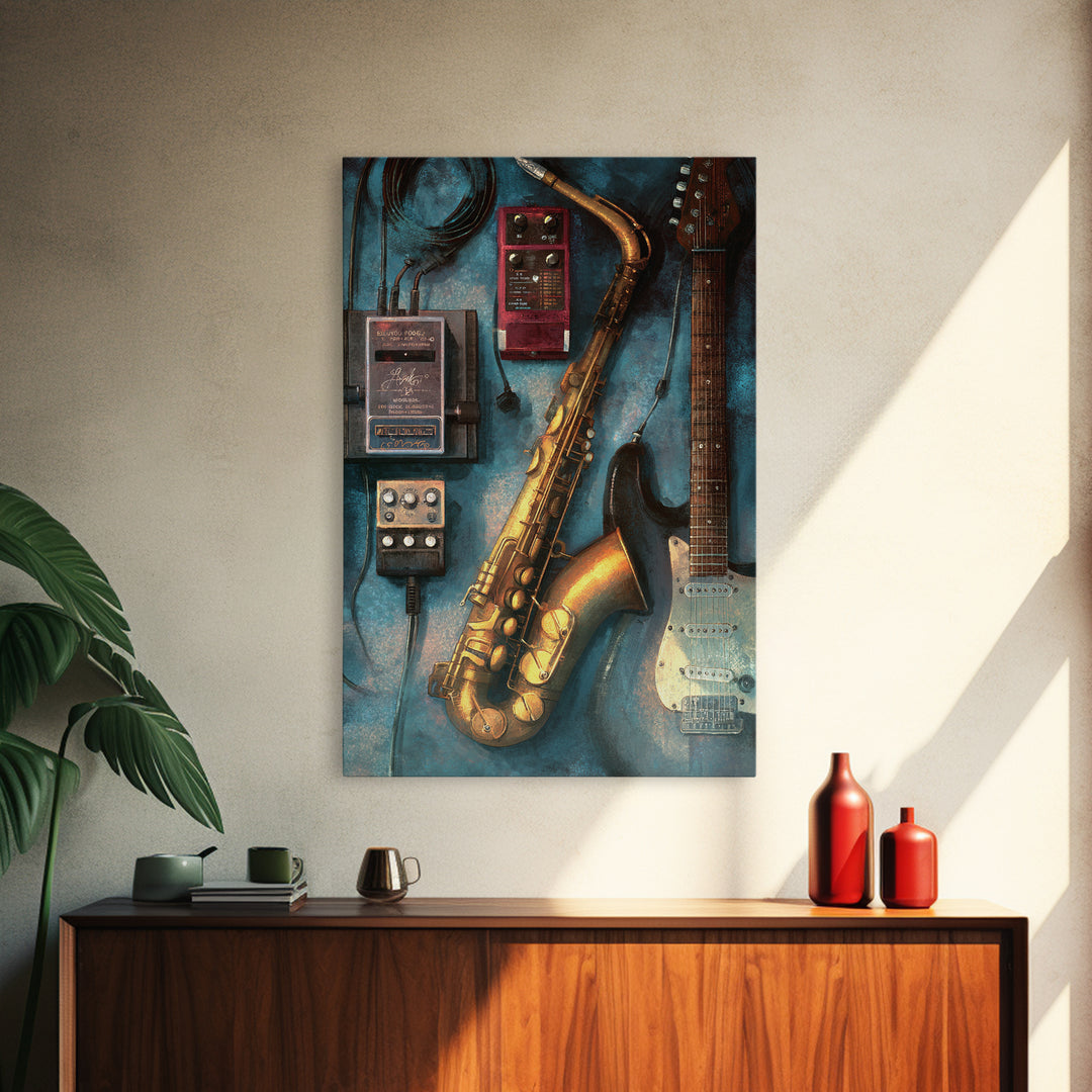 Electric Guitar Pedals and Cables Graphic Art Canvas Print, Music Studio Art, Digital Wall Art, Studio Decor, Rhythm, MSA-2x3-53