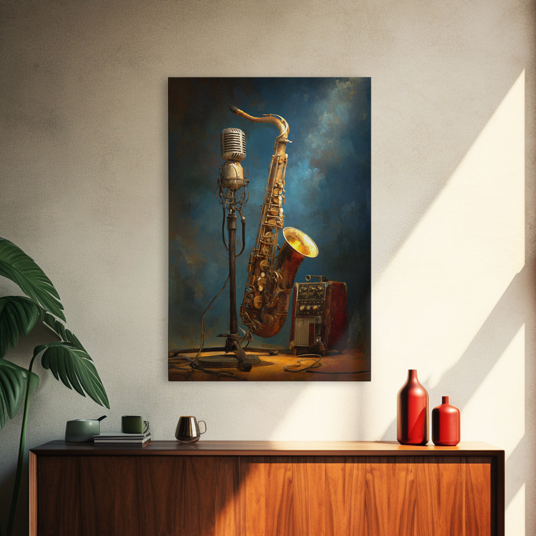 Microphone Portrait with Golden Spotlight Framed Canvas Print, Music Studio Art, Printable Wall Art, Studio Decor, Rhythm, MSA-2x3-63