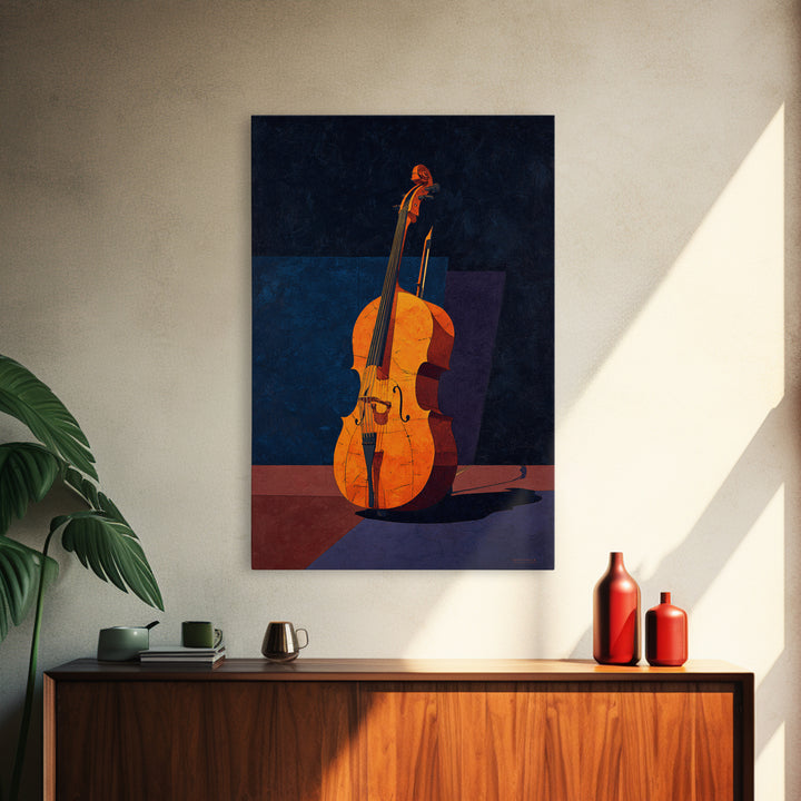 Cello Leaning Against Dark Velvet Backdrop Canvas Print, Music Studio Art, Modern Wall Art, Studio Decor, Fine Art, Rhythm, MSA-2x3-65