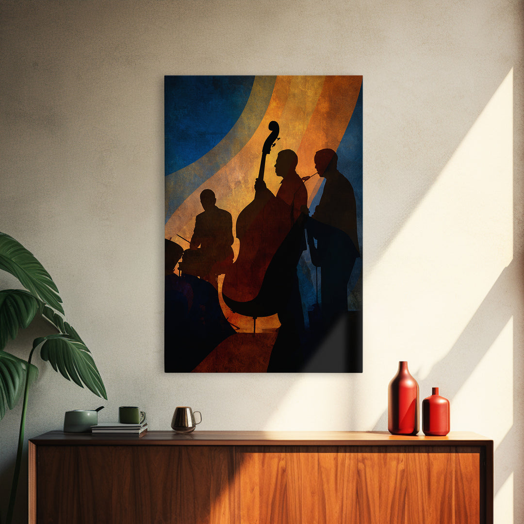 Jazz Quartet Silhouettes Framed Canvas Print, Music Studio Art, Printable Wall Art, Studio Decor, Rhythm, Painting from Photo, MSA-2x3-78