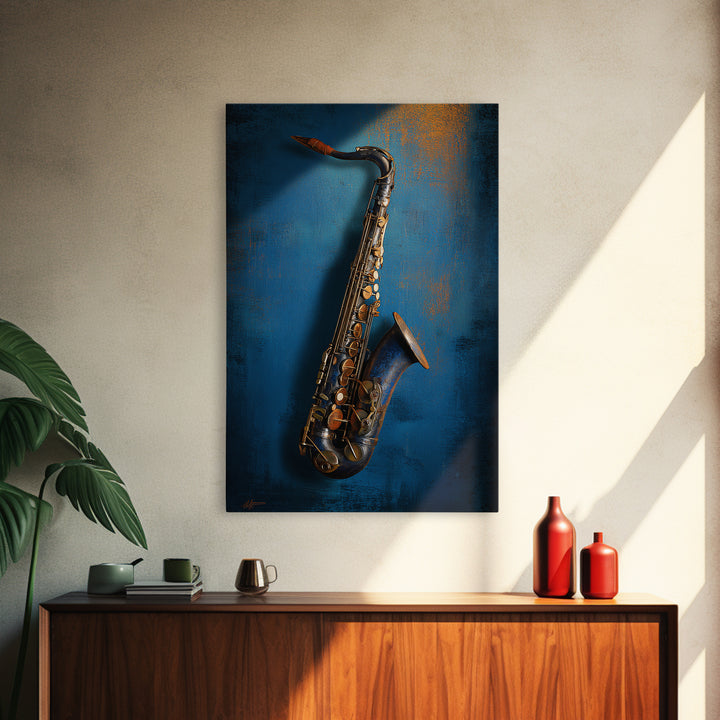 Jazz Saxophone with Smoky Blue Background Canvas Print, Music Studio Art, Metal Wall Art, Studio Decor, Fine Art, Rhythm, MSA-2x3-82