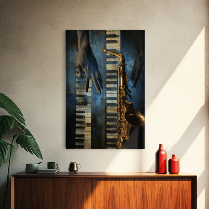 Piano Keys with Hands in Cinematic Shadow Framed Canvas Print, Music Studio Art, Wall Art Printable, Studio Decor, Rhythm, MSA-2x3-85