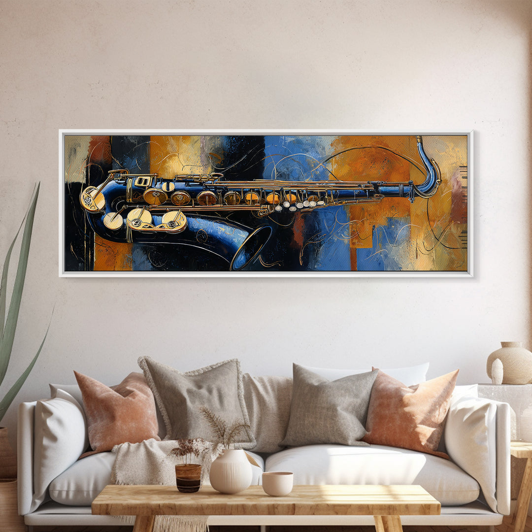 Jazz Saxophone with Smoky Blue Background Framed Canvas Print, Music Studio Art, Custom Painting, Studio Decor, Rhythm, MSA-3x1-18