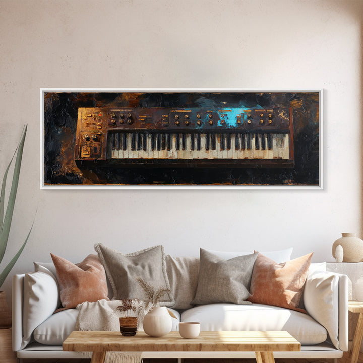 Synthesizer Knobs and Neon Reflections Framed Canvas Print, Music Studio Art, Metal Wall Art, Studio Decor, Fine Art, Rhythm, MSA-3x1-2