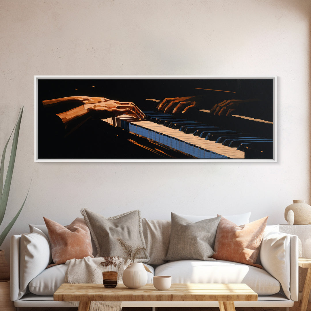 Piano Keys with Hands in Cinematic Shadow Canvas Print, Music Studio Art, Watercolor Print, Studio Decor, Fine Art, Rhythm, MSA-3x1-21