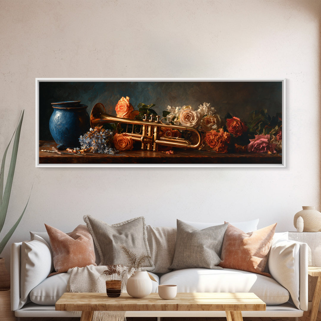 Trumpet and Roses Canvas Print, Music Studio Art, Music Gift, Studio Decor, Fine Art, Rhythm, Room Decor, Textured Painting, MSA-3x1-24