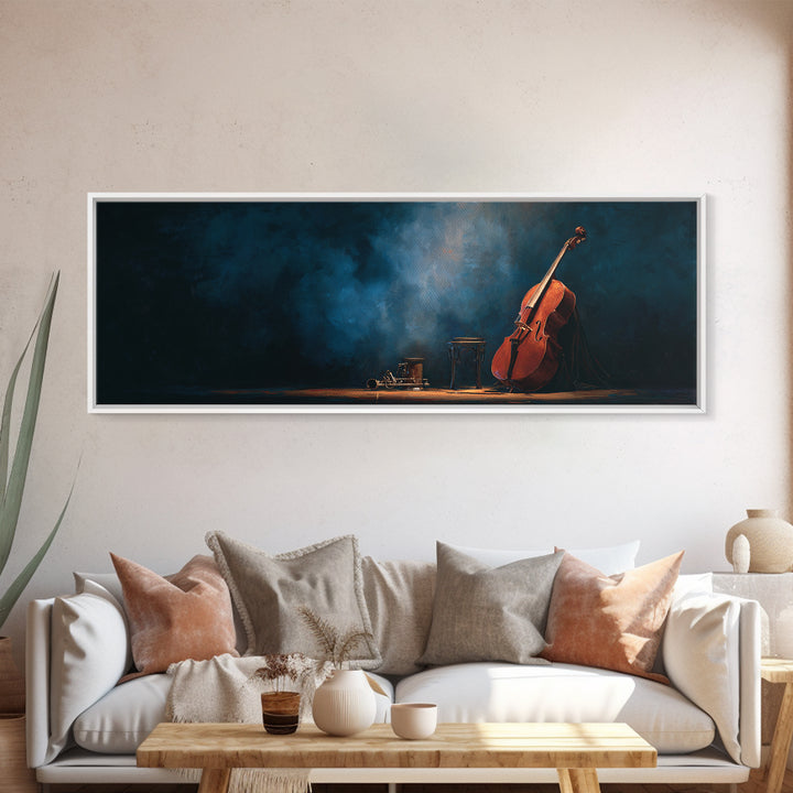 Cello Leaning Against Dark Velvet Backdrop Canvas Print, Music Studio Art, Commission Painting, Studio Decor, Abstract Art, MSA-3x1-25