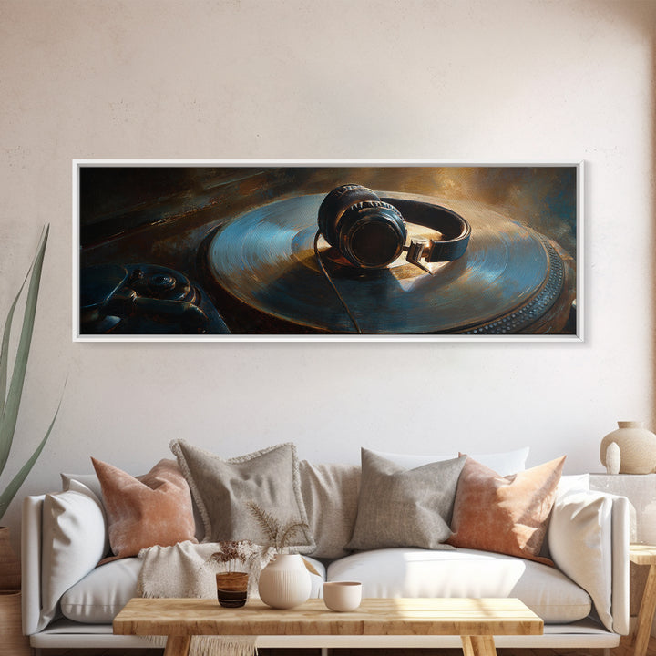 Headphones Around a Glowing Record Canvas Print, Music Studio Art, Gallery Decor, Studio Decor, Fine Art, Rhythm, MSA-3x1-3