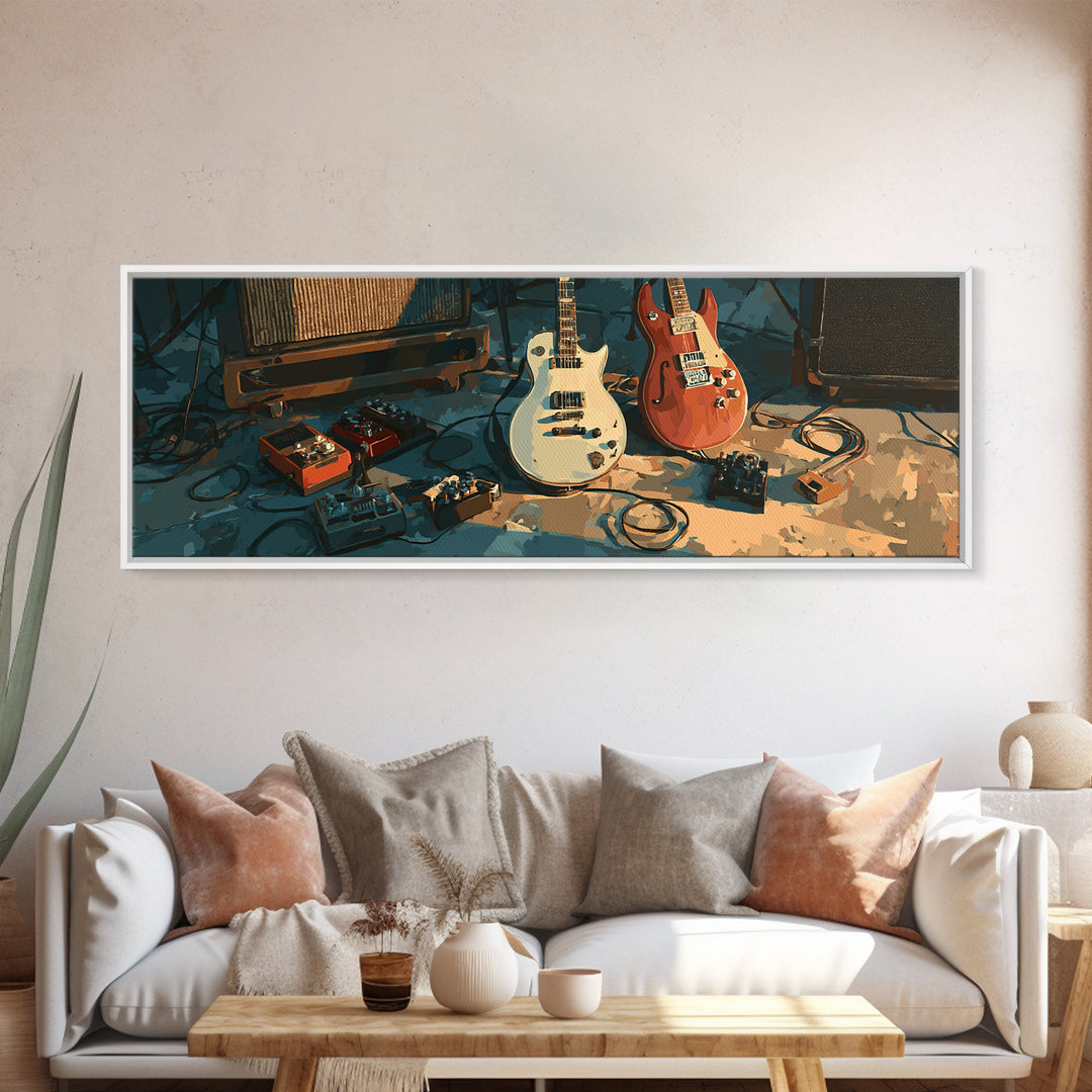 Electric Guitar Pedals and Cables Graphic Art Canvas Print, Music Studio Art, Painting from Photo, Studio Decor, Rhythm, MSA-3x1-37
