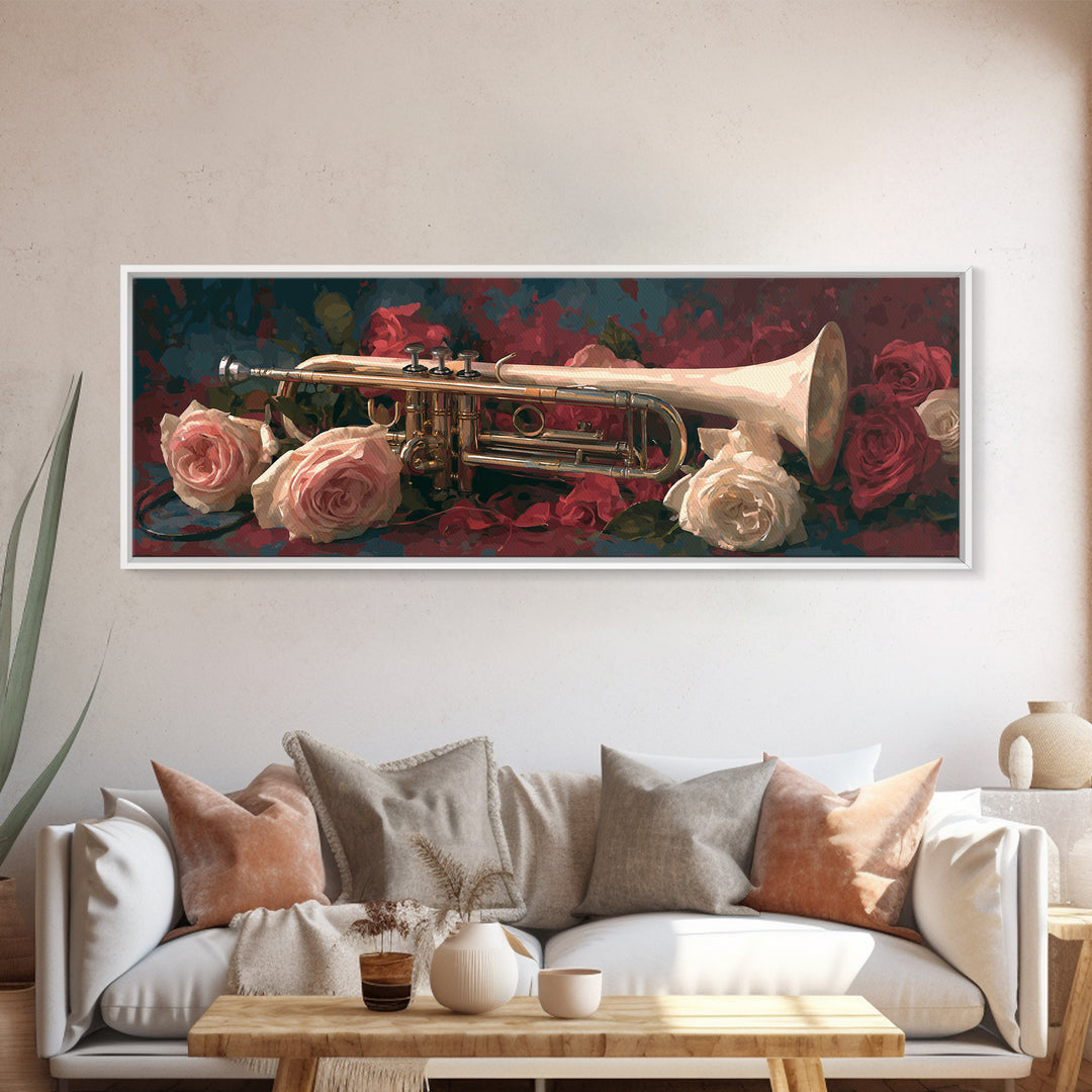 Trumpet and Roses Canvas Print, Music Studio Art, Art Print, Studio Decor, Fine Art, Rhythm, Digital Wall Art, Printable Art, MSA-3x1-48