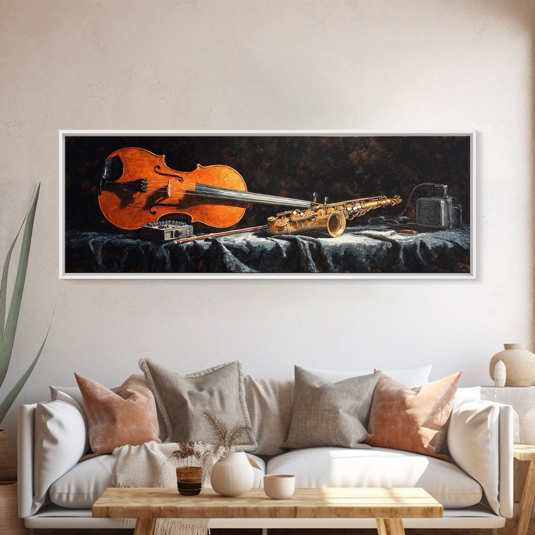 Cello Leaning Against Dark Velvet Backdrop Canvas Print, Music Studio Art, Commission Painting, Studio Decor, Abstract Art, MSA-3x1-49