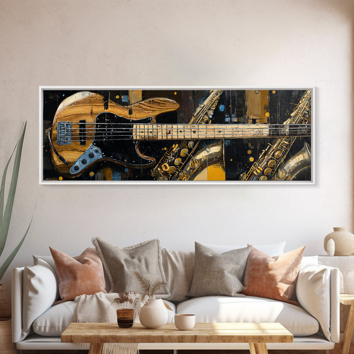 Bass Guitar Closeup Framed Canvas Print, Music Studio Art, Custom Painting, Studio Decor, Watercolor Art, Rhythm, MSA-3x1-5