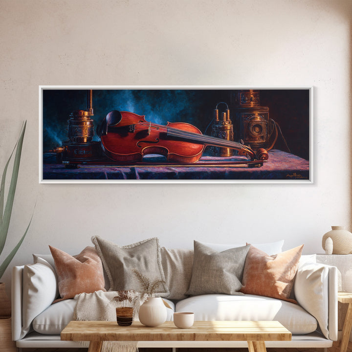 Violin and Bow Framed Canvas Print, Music Studio Art, Textured Painting, Studio Decor, Fine Art, Rhythm, Custom Painting, MSA-3x1-56