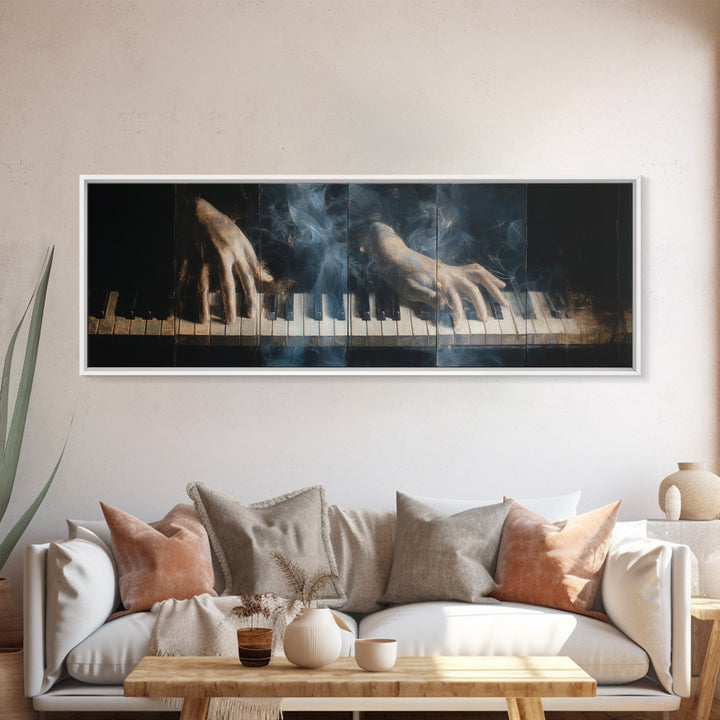 Piano Keys with Hands in Cinematic Shadow Framed Canvas Print, Music Studio Art, Personalized Art, Studio Decor, Rhythm, MSA-3x1-69