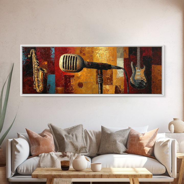 Microphone Portrait with Golden Spotlight Canvas Print, Music Studio Art, Custom Painting, Studio Decor, Fine Art, Rhythm, MSA-3x1-71