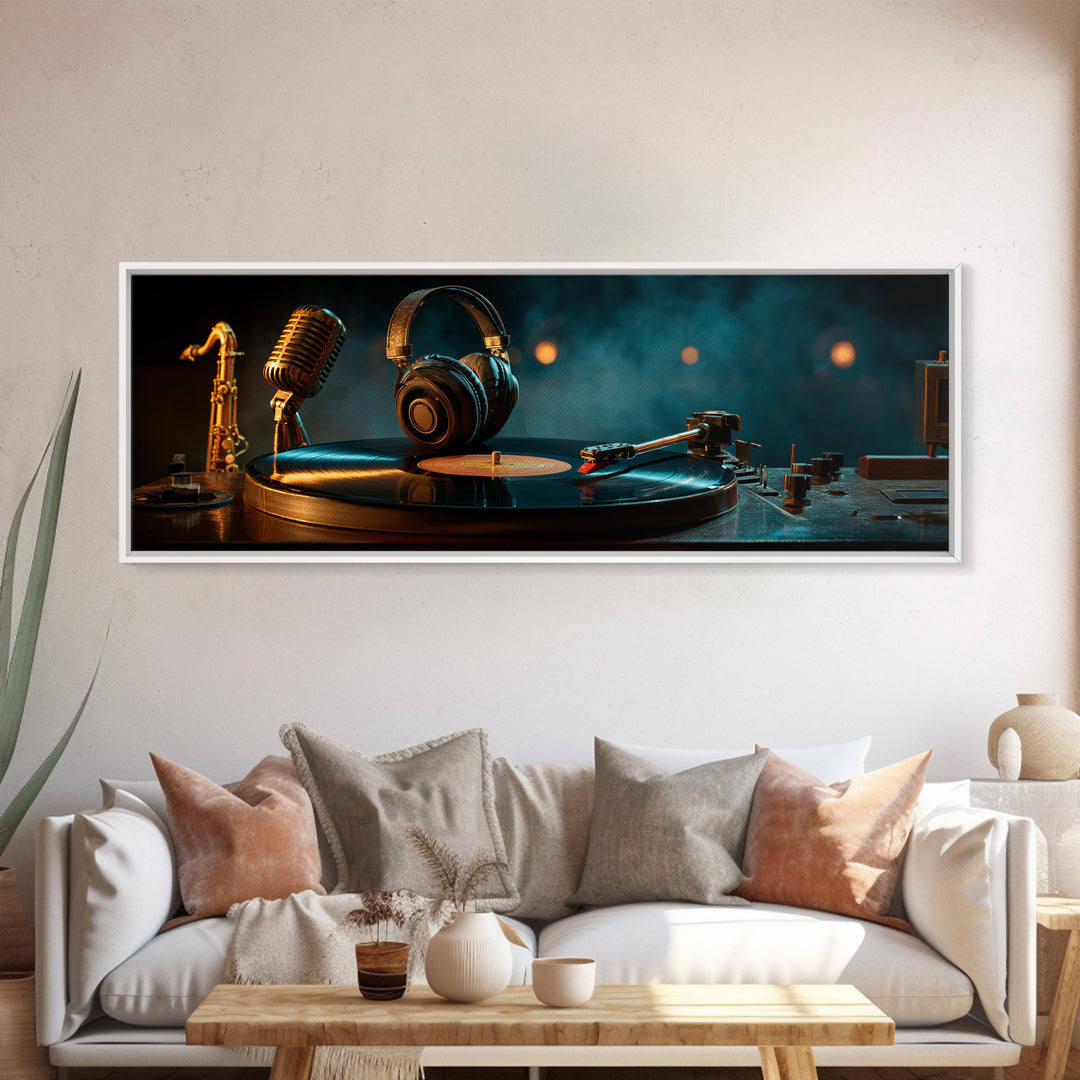 Headphones Around a Glowing Record Canvas Print, Music Studio Art, Modern Wall Art, Studio Decor, Fine Art, Rhythm, Boho Art, MSA-3x1-75