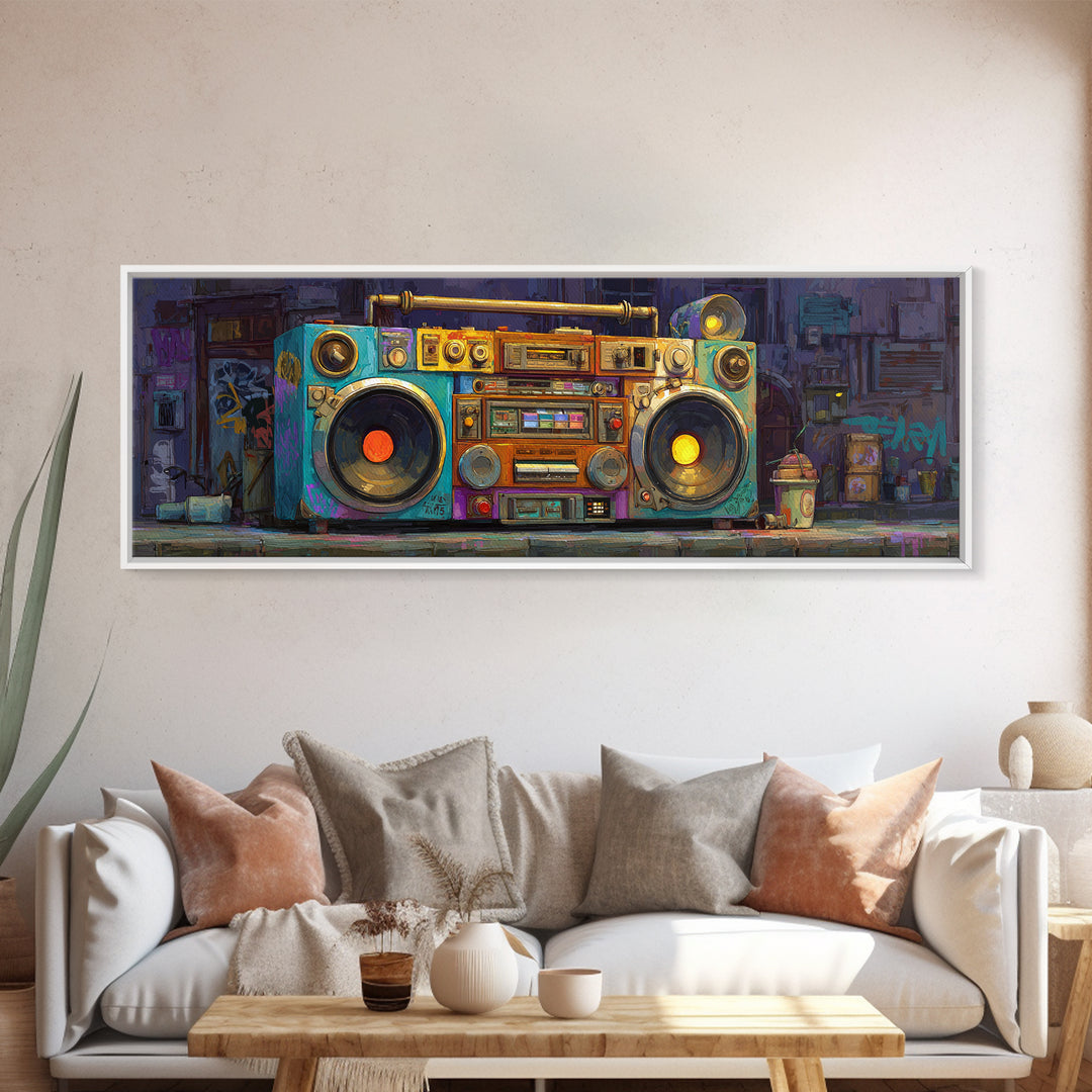 Hip Hop Boombox Framed Canvas Print, Music Studio Art, Modern Wall Art, Studio Decor, Rhythm, Boho Art, Travel Wall Art, MSA-3x1-9