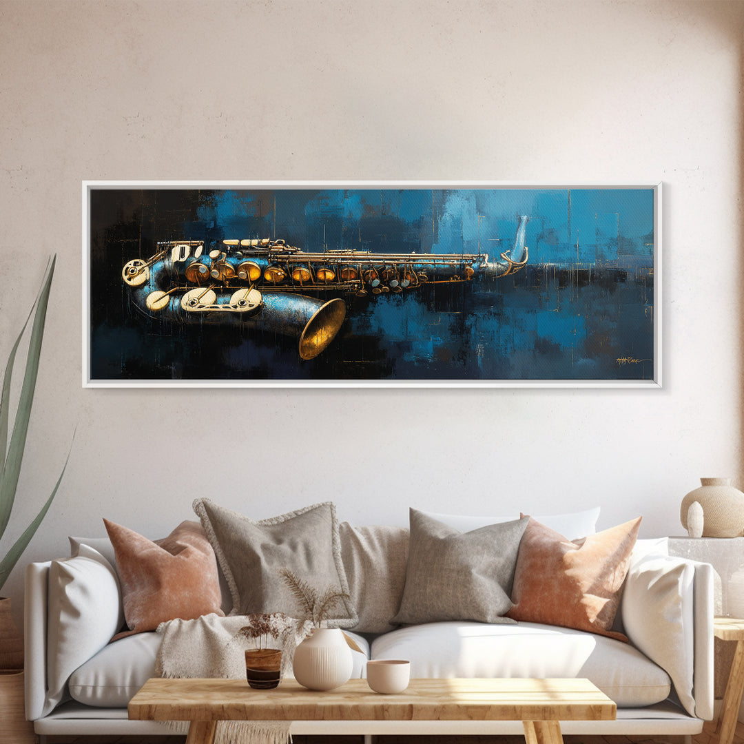 Jazz Saxophone with Smoky Blue Background Framed Canvas Print, Music Studio Art, Music Art, Studio Decor, Fine Art, Rhythm, MSA-3x1-90