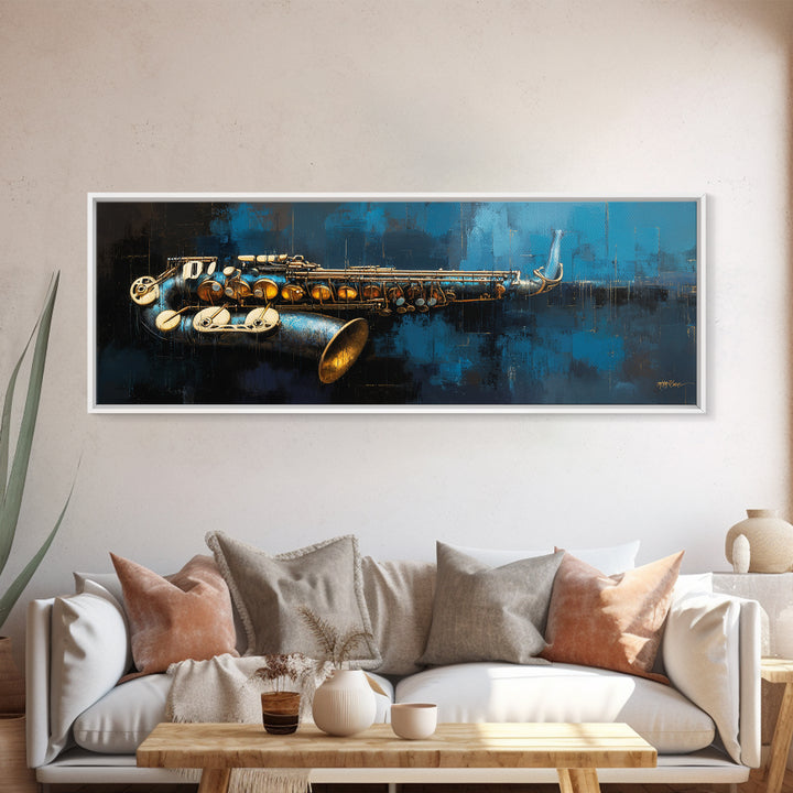 Jazz Saxophone with Smoky Blue Background Framed Canvas Print, Music Studio Art, Music Art, Studio Decor, Fine Art, Rhythm, MSA-3x1-90