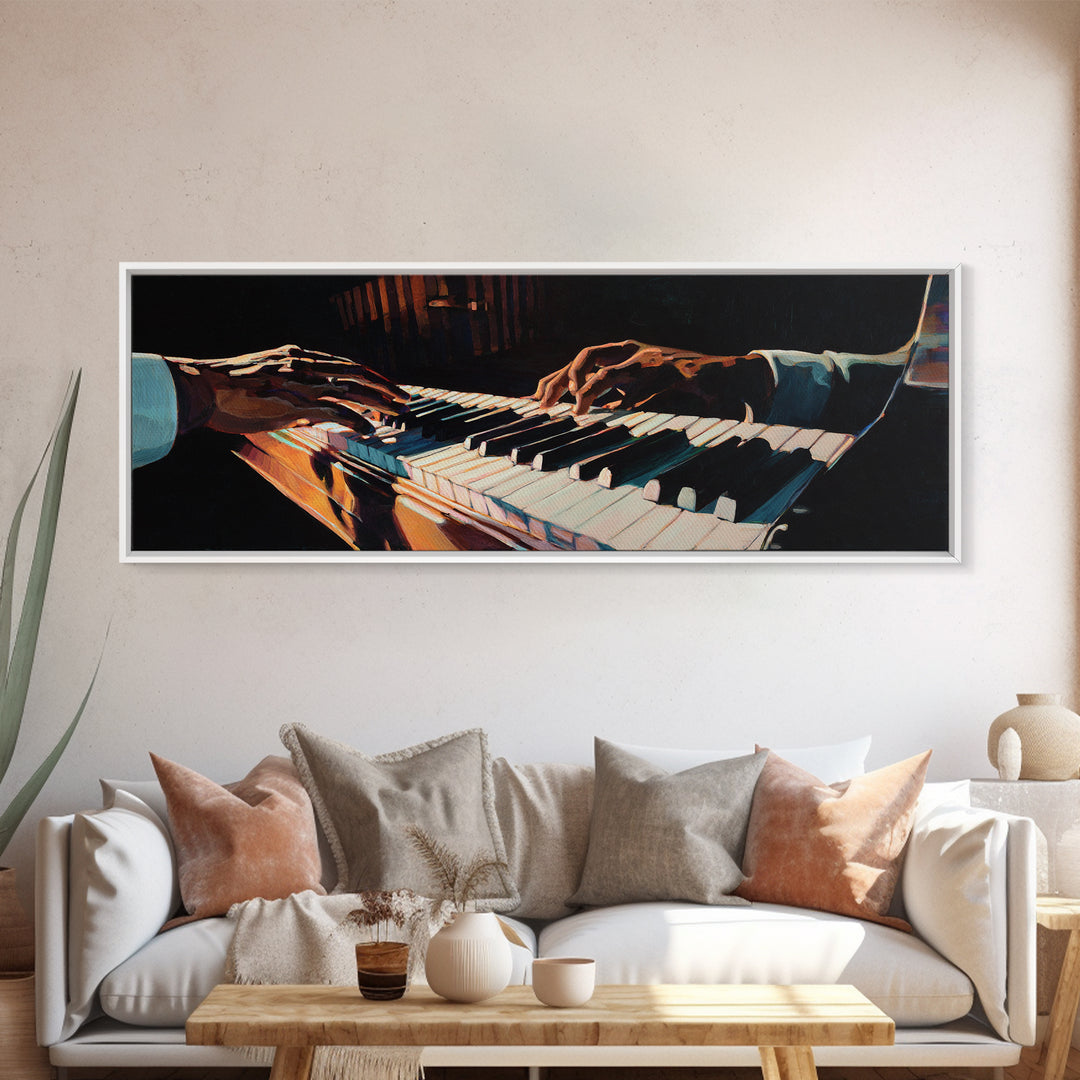 Piano Keys with Hands in Cinematic Shadow Canvas Print, Music Studio Art, Music Lover, Studio Decor, Fine Art, Rhythm, MSA-3x1-93