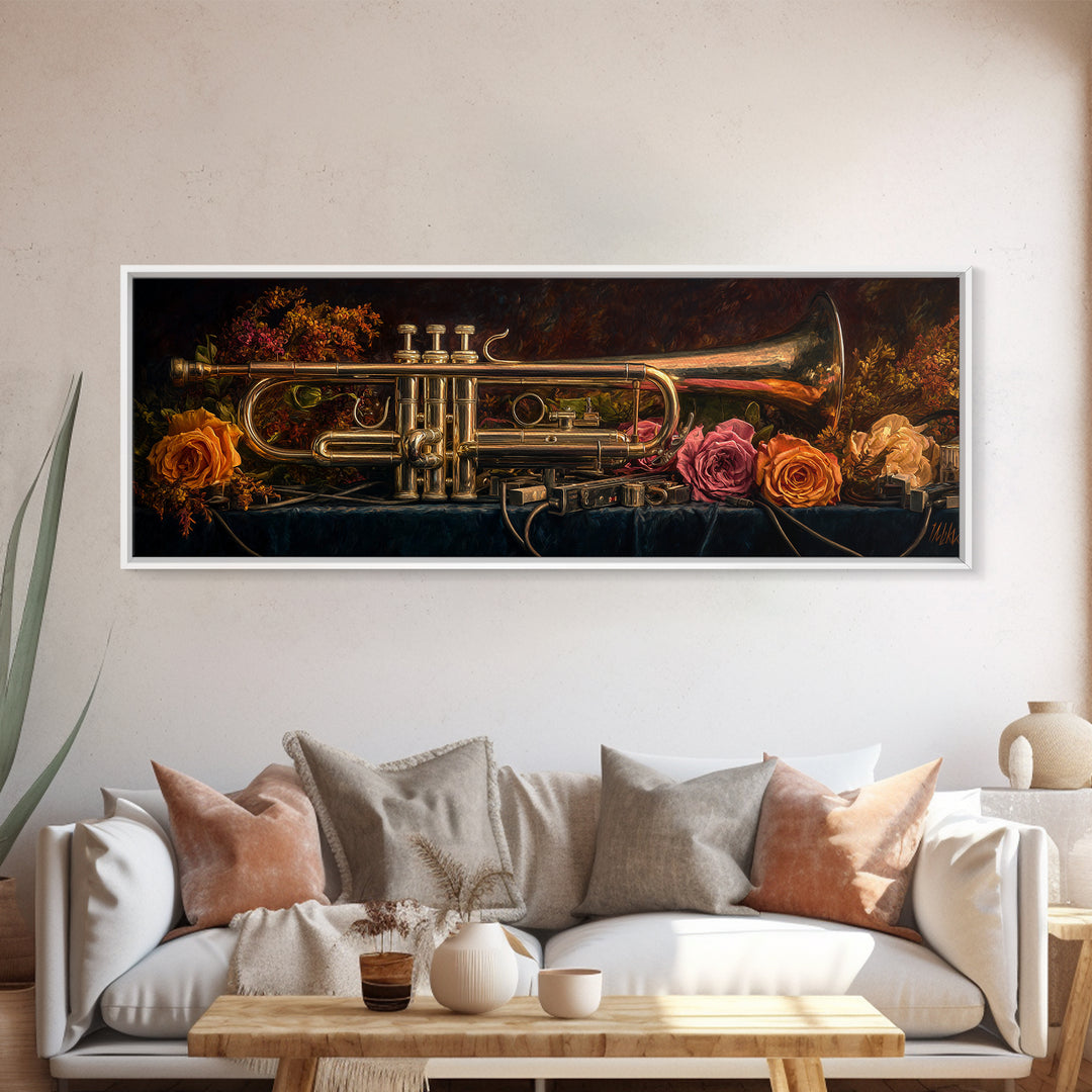 Trumpet and Roses Canvas Print, Music Studio Art, Neutral Decor, Studio Decor, Fine Art, Rhythm, Wall Art, Home Decor, MSA-3x1-96
