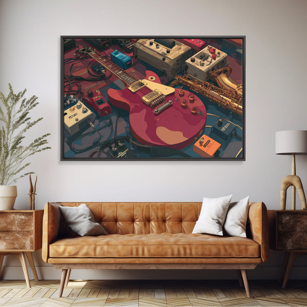 Electric Guitar Pedals and Cables Graphic Art Canvas Print, Music Studio Art, Trendy Wall Art, Studio Decor, Fine Art, Rhythm, MSA-3x2-1
