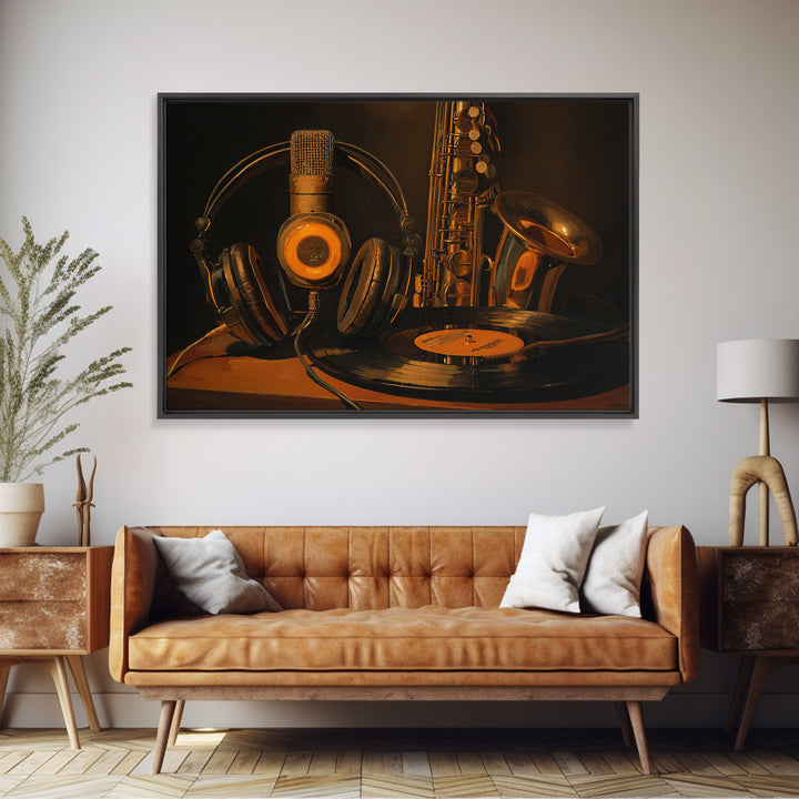 Headphones Around a Glowing Record Framed Canvas Print, Music Studio Art, Custom Painting, Studio Decor, Fine Art, Rhythm, MSA-3x2-15