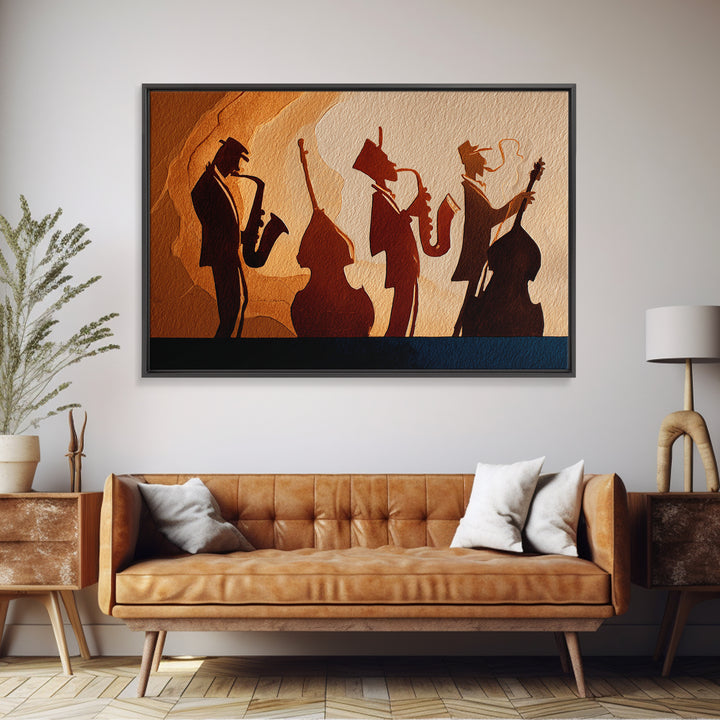 Jazz Quartet Silhouettes Framed Canvas Print, Music Studio Art, Printable Wall Art, Studio Decor, Rhythm, Painting from Photo, MSA-3x2-2