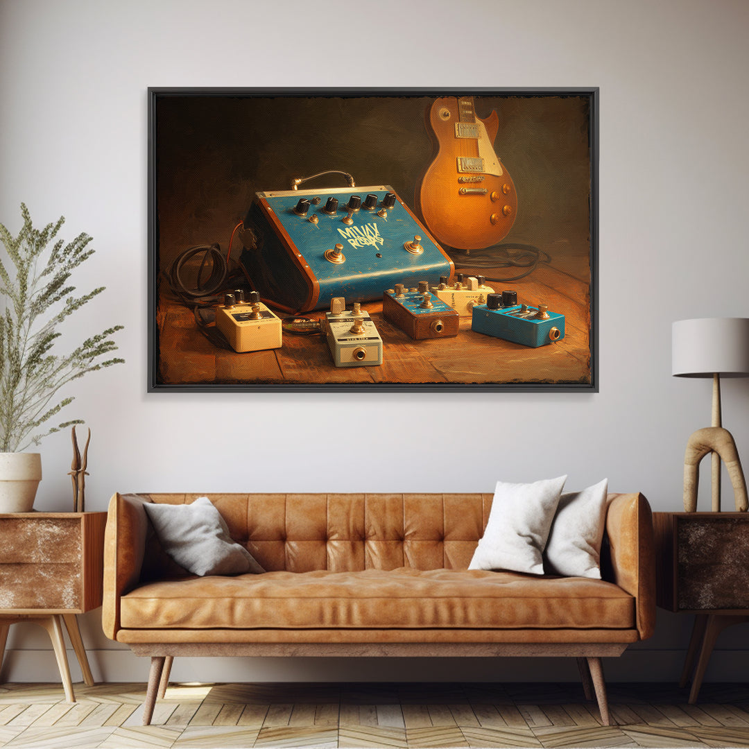 Electric Guitar Pedals and Cables Graphic Art Canvas Print, Music Studio Art, Watercolor Print, Studio Decor, Rhythm, MSA-3x2-25