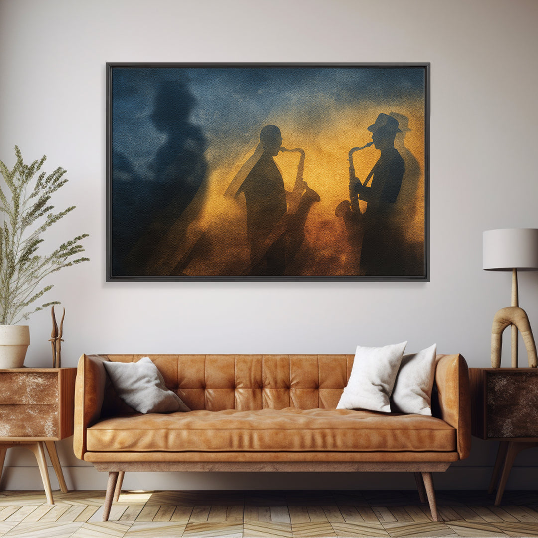 Jazz Quartet Silhouettes Framed Canvas Print, Music Studio Art, Digital Download Art, Studio Decor, Oil Painting, Rhythm, MSA-3x2-50