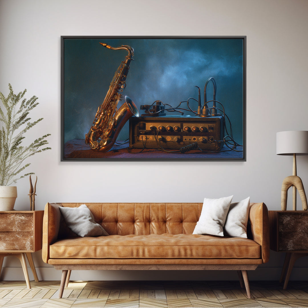Jazz Saxophone with Smoky Blue Background Canvas Print, Music Studio Art, Painting from Photo, Studio Decor, Fine Art, Rhythm, MSA-3x2-54