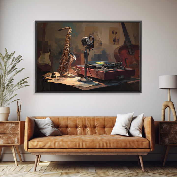 Vinyl Record and Turntable Still Life Framed Canvas Print, Music Studio Art, Music, Studio Decor, Oil Painting, Rhythm, MSA-3x2-55