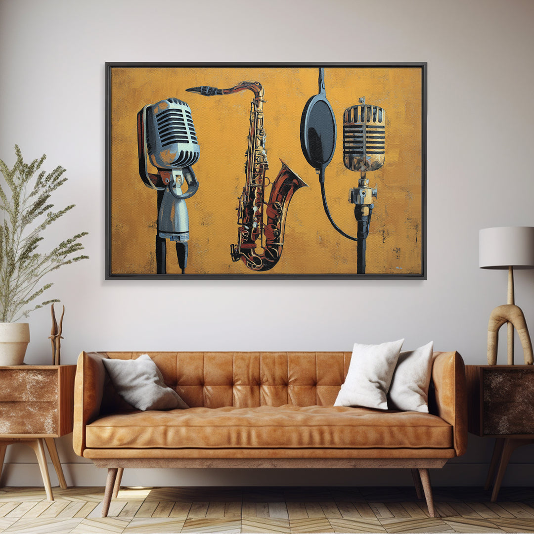 Microphone Portrait with Golden Spotlight Framed Canvas Print, Music Studio Art, Art Print, Studio Decor, Fine Art, Rhythm, MSA-3x2-59