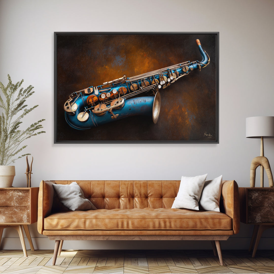 Jazz Saxophone with Smoky Blue Background Framed Canvas Print, Music Studio Art, Scripture Wall Art, Studio Decor, Rhythm, MSA-3x2-6