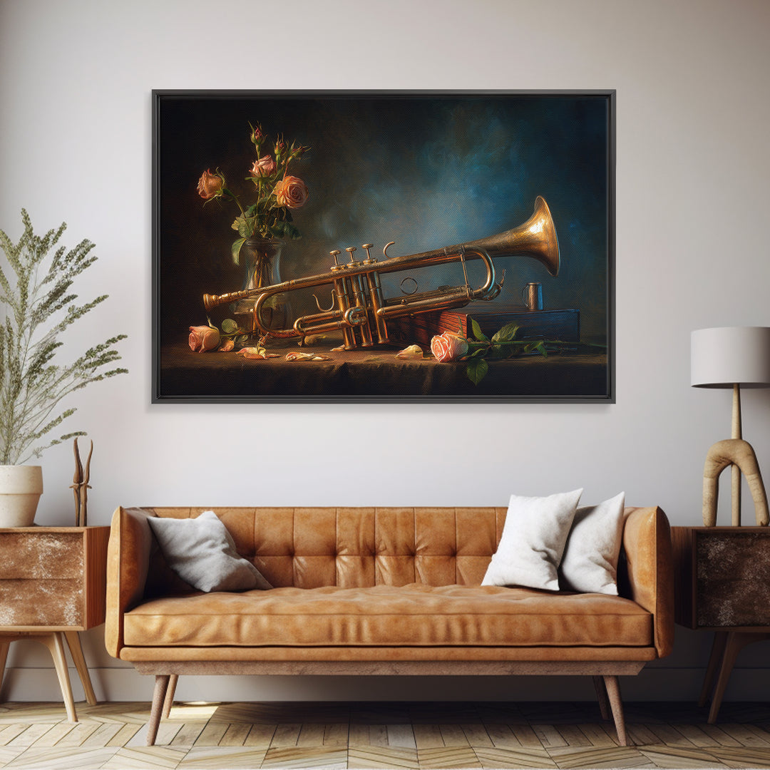 Trumpet and Roses Framed Canvas Print, Music Studio Art, Music Lover, Studio Decor, Fine Art, Rhythm, Minimalist Decor, MSA-3x2-60