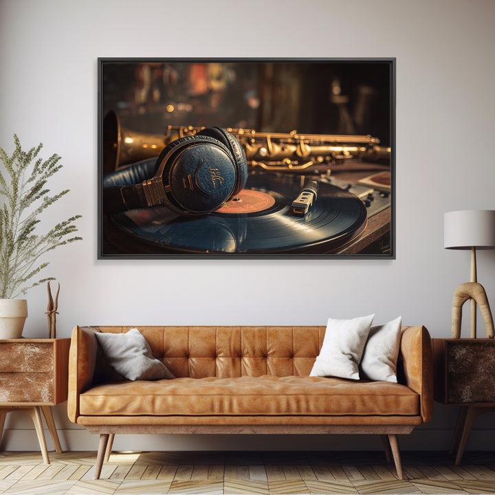 Headphones Around a Glowing Record Framed Canvas Print, Music Studio Art, Scripture Wall Art, Studio Decor, Fine Art, Rhythm, MSA-3x2-63