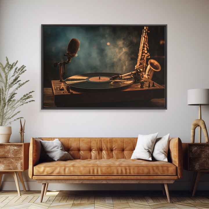 Vinyl Record and Turntable Still Life Framed Canvas Print, Music Studio Art, Home Decor, Studio Decor, Abstract Art, Rhythm, MSA-3x2-7