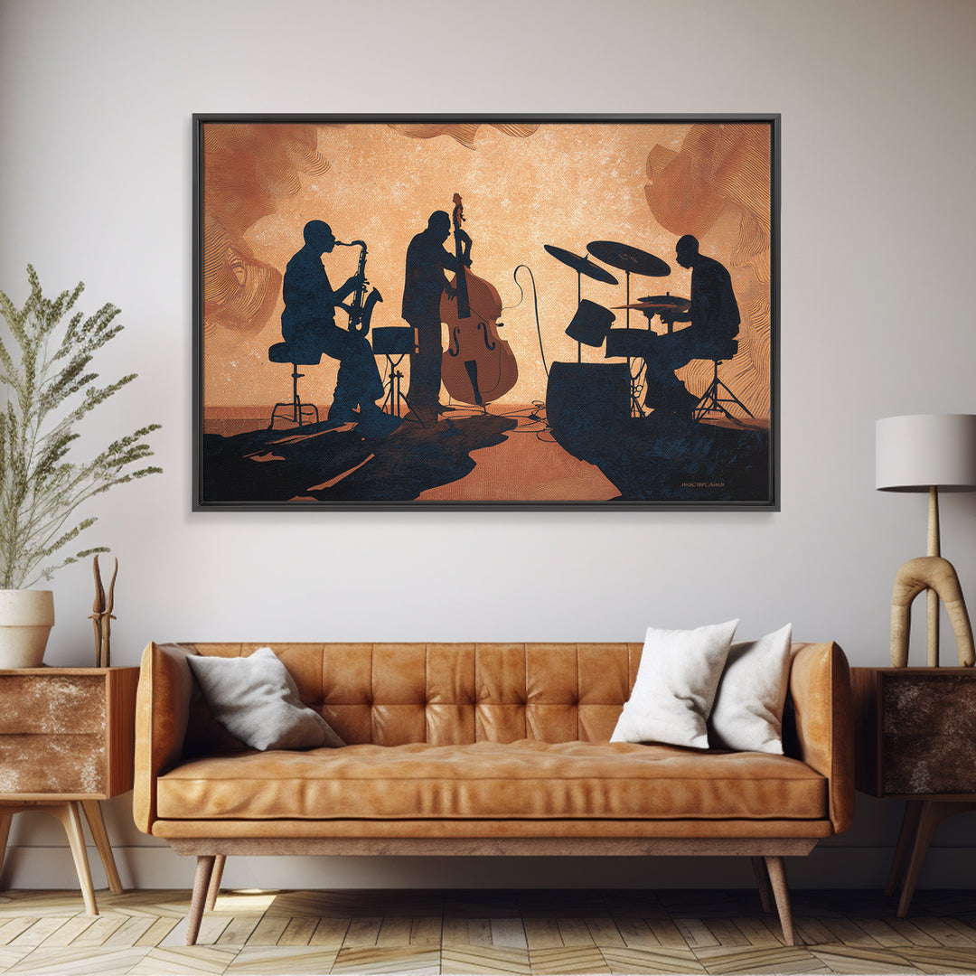 Jazz Quartet Silhouettes Framed Canvas Print, Music Studio Art, Digital Download Art, Studio Decor, Oil Painting, Rhythm, MSA-3x2-74