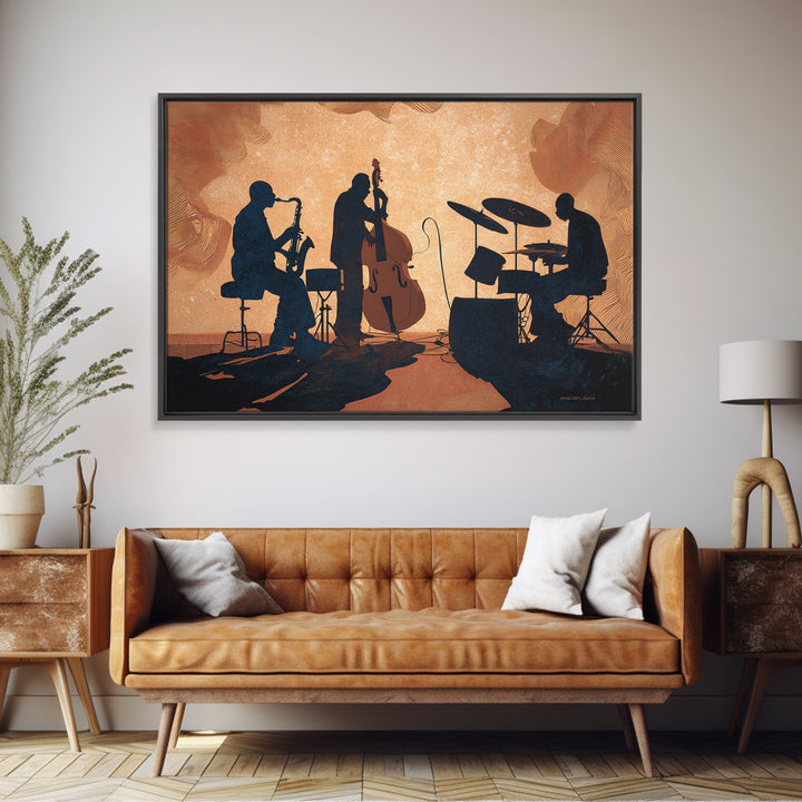 Jazz Quartet Silhouettes Framed Canvas Print, Music Studio Art, Digital Download Art, Studio Decor, Oil Painting, Rhythm, MSA-3x2-74